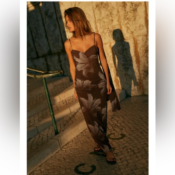 ZARA TULLE PRINT MIDI DRESS WITH FOULARD - Picture 1 of 8